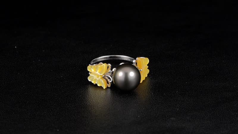 Tahitian Cultured Pearl and Yellow Mother Of Pearl Butterfly Ring in Rhodium Over Sterling Silver (Size 10.0)