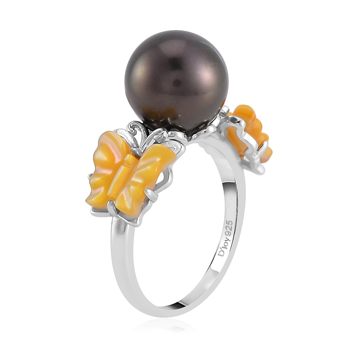 Tahitian Cultured Pearl and Yellow Mother Of Pearl Butterfly Ring in Rhodium Over Sterling Silver (Size 7.0) image number 3