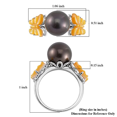 Tahitian Cultured Pearl and Yellow Mother Of Pearl Butterfly Ring in Rhodium Over Sterling Silver (Size 7.0)