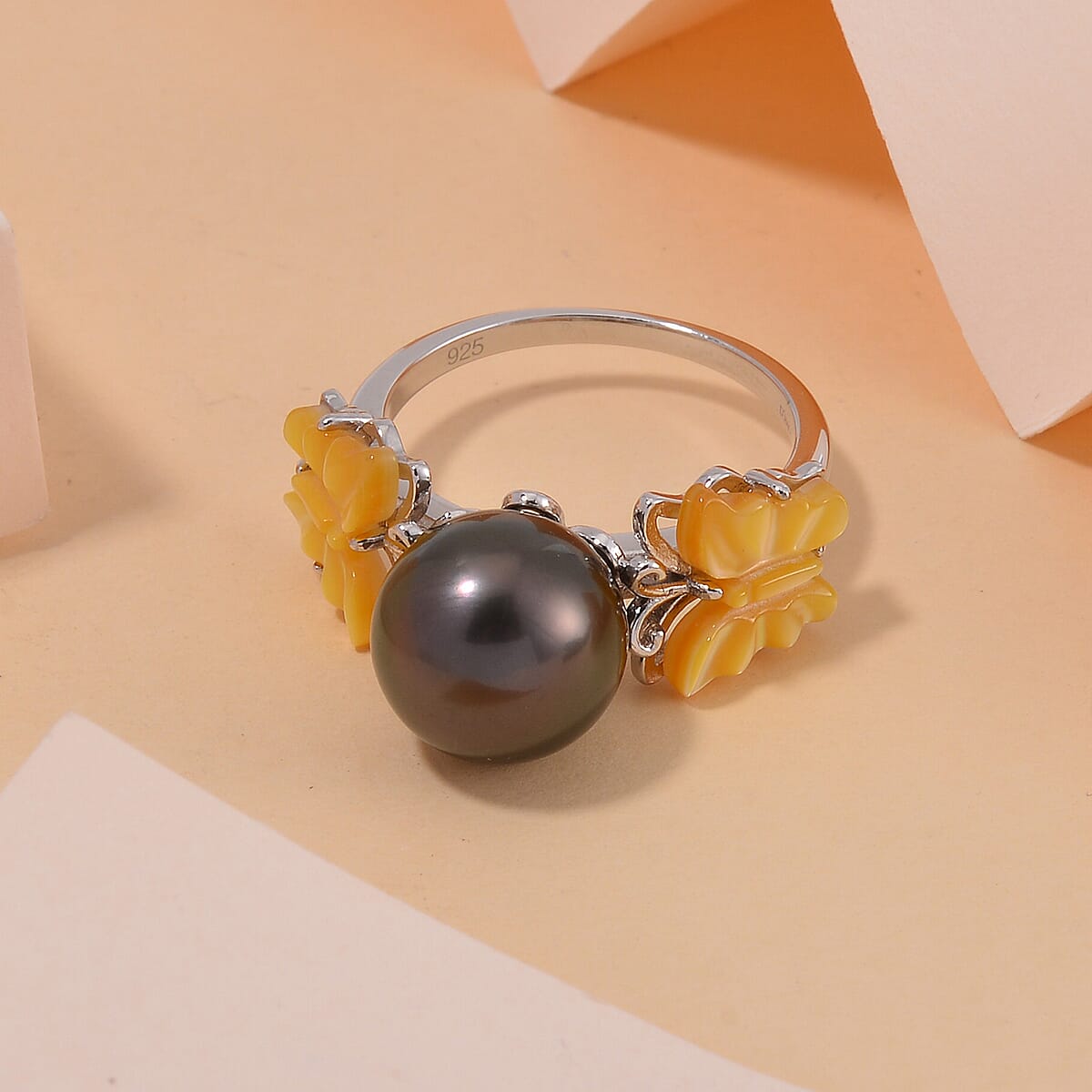Tahitian Cultured Pearl and Yellow Mother Of Pearl Butterfly Ring in Rhodium Over Sterling Silver (Size 9.0) image number 1