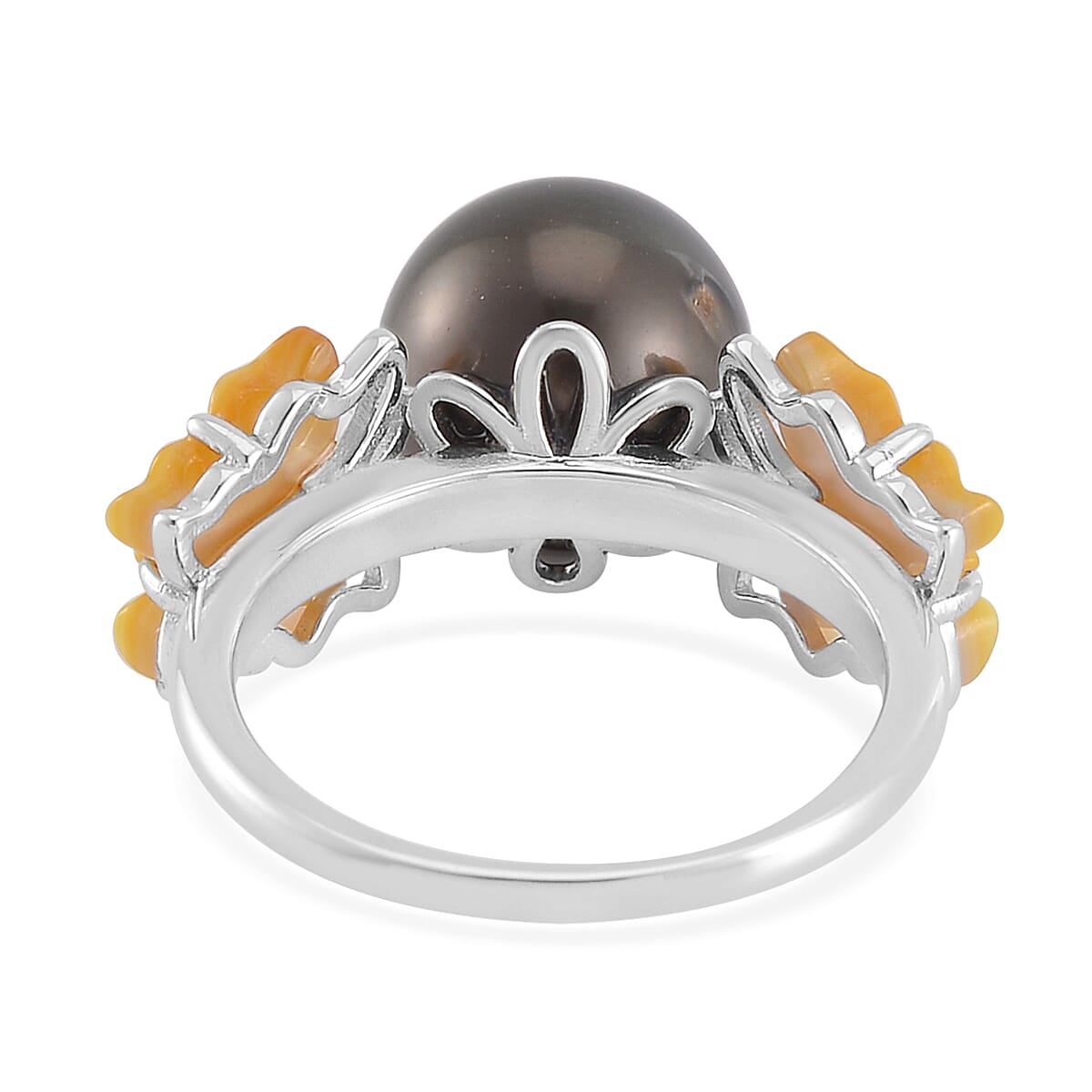 Tahitian Cultured Pearl and Yellow Mother Of Pearl Butterfly Ring in Rhodium Over Sterling Silver (Size 9.0) image number 4