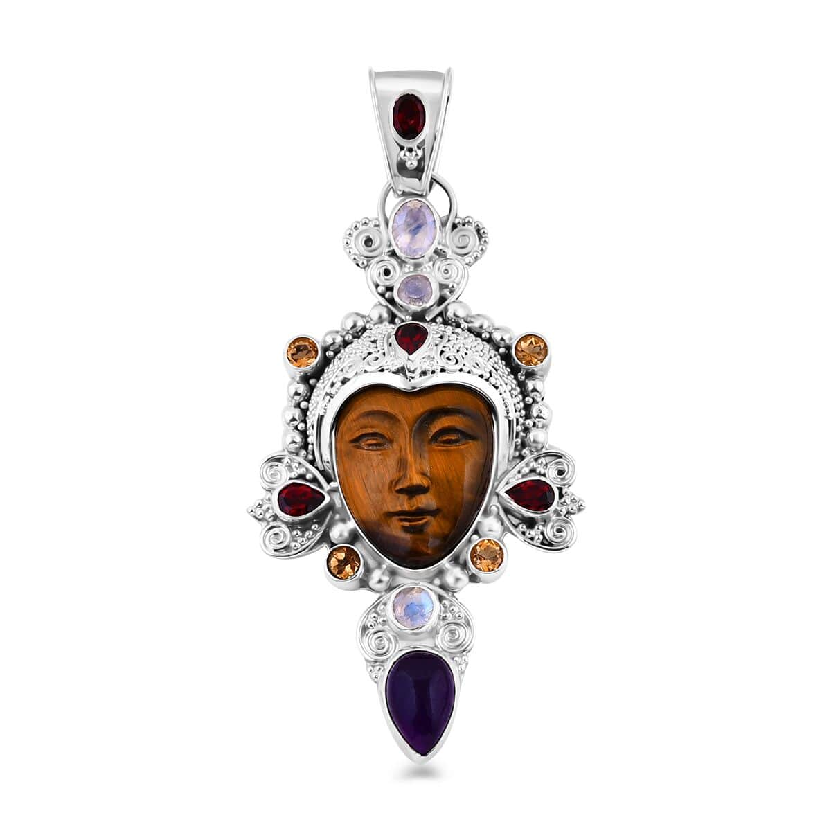 Sajen Silver Tigers Eye and Multi Gemstone Pendant in Sterling Silver 26.40 ctw image number 0