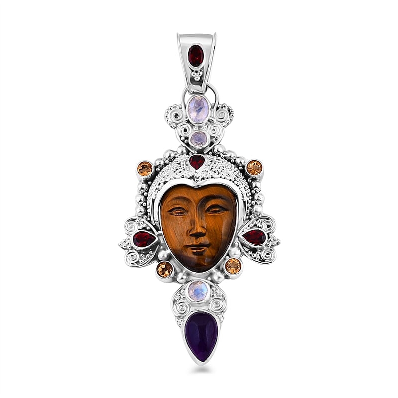 Sajen Silver Tigers Eye and Multi Gemstone Pendant without Chain in Sterling Silver 25.90 ctw