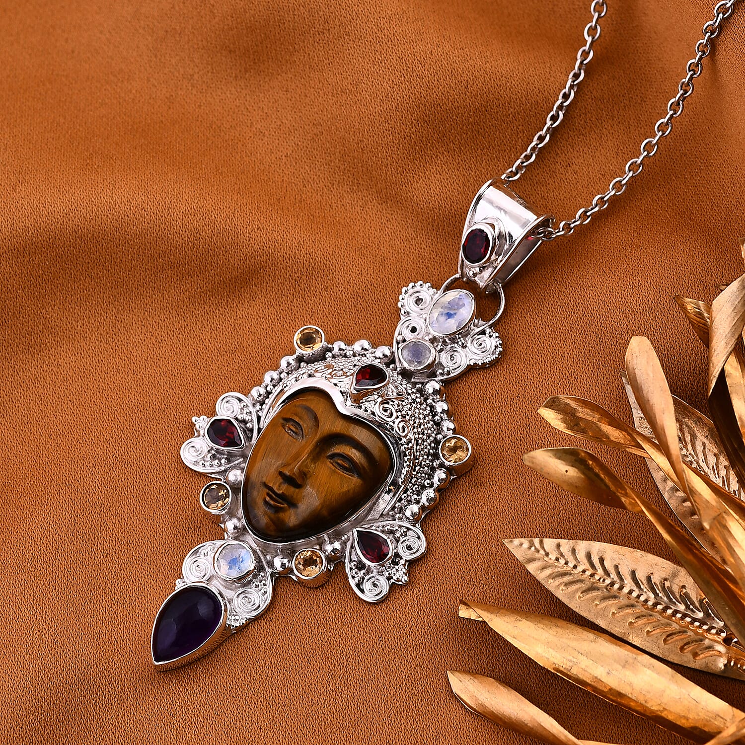Sajen Silver Tigers Eye and Multi Gemstone Pendant without Chain in Sterling Silver 25.90 ctw