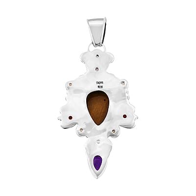Sajen Silver Tigers Eye and Multi Gemstone Pendant without Chain in Sterling Silver 25.90 ctw