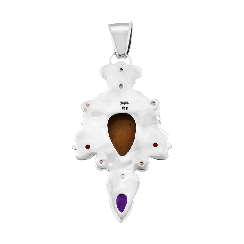 Sajen Silver Tigers Eye and Multi Gemstone Pendant without Chain in Sterling Silver 25.90 ctw