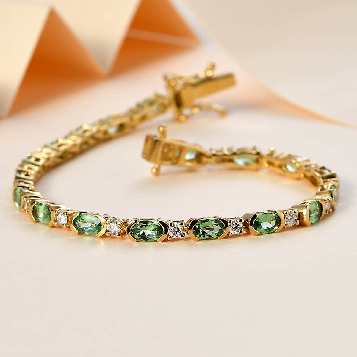 Tsavorite Garnet and Moissanite Bracelet in Vermeil Yellow Gold Over Sterling Silver (6.50 In) 5.50 ctw (Del. in 10-12 Days) image number 1