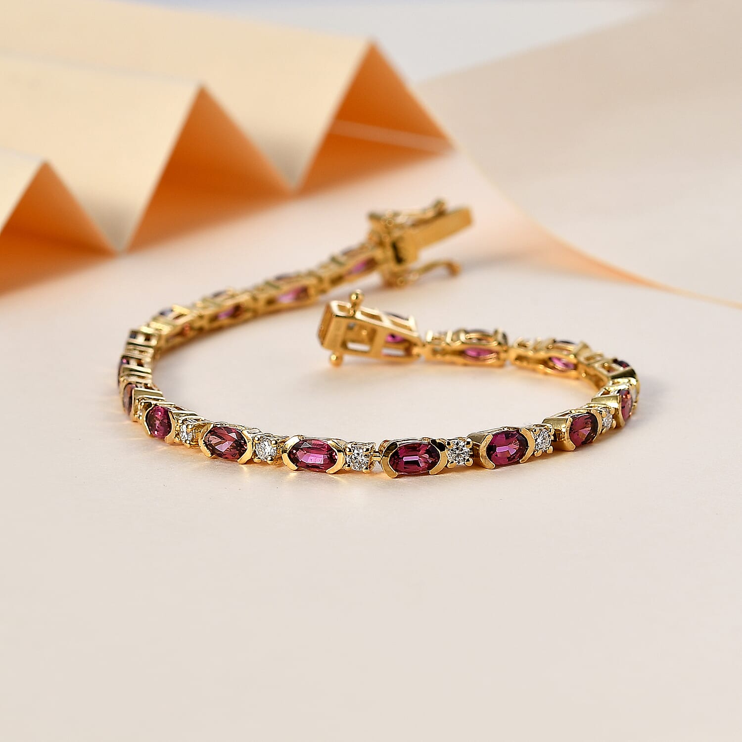 D'Joy Ofiki Rubellite and Moissanite Bracelet in Vermeil Yellow Gold Over Sterling Silver (6.50 In) 5.60 ctw