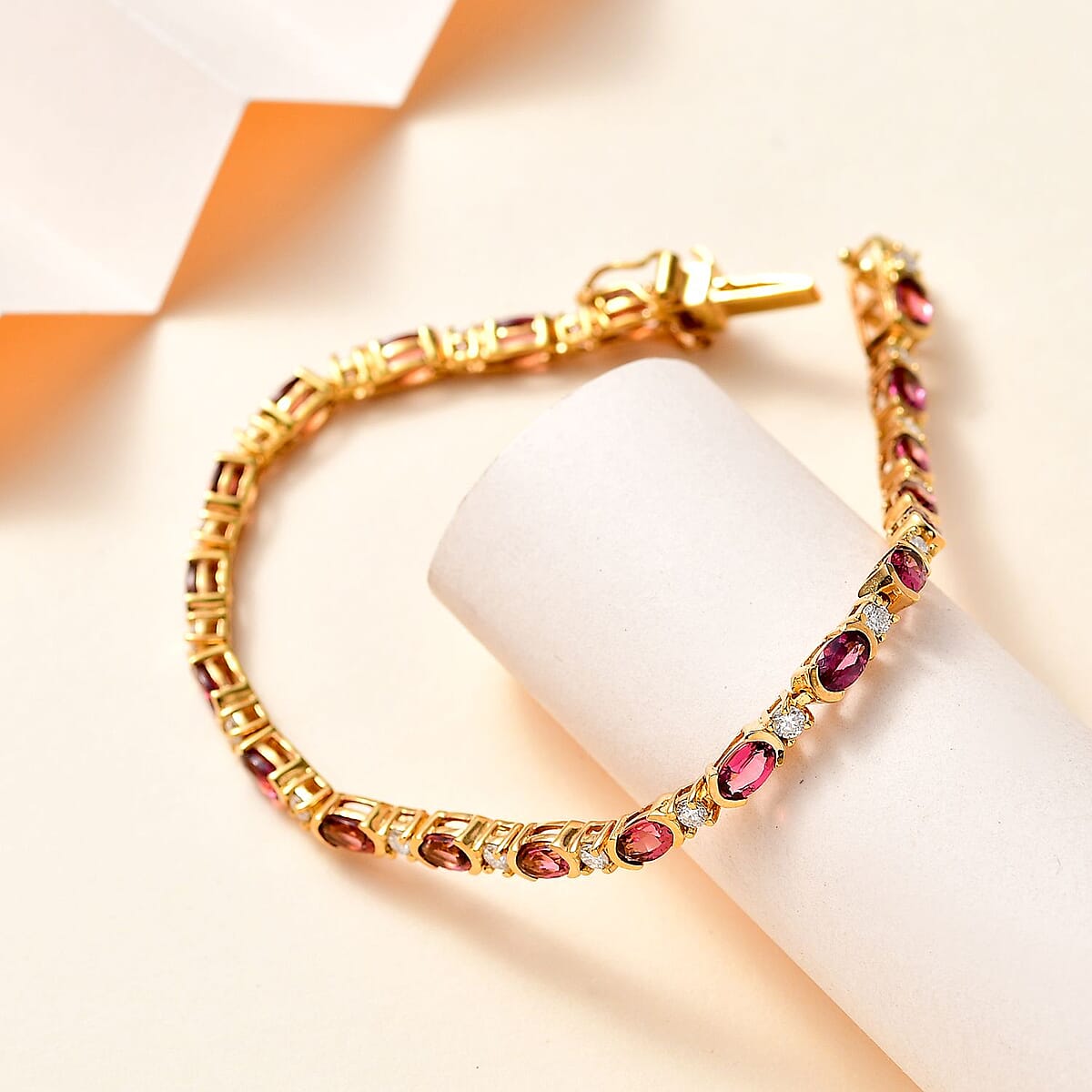 Ofiki Rubellite and Moissanite Bracelet in Vermeil Yellow Gold Over Sterling Silver (7.25 In) 6.50 ctw image number 1
