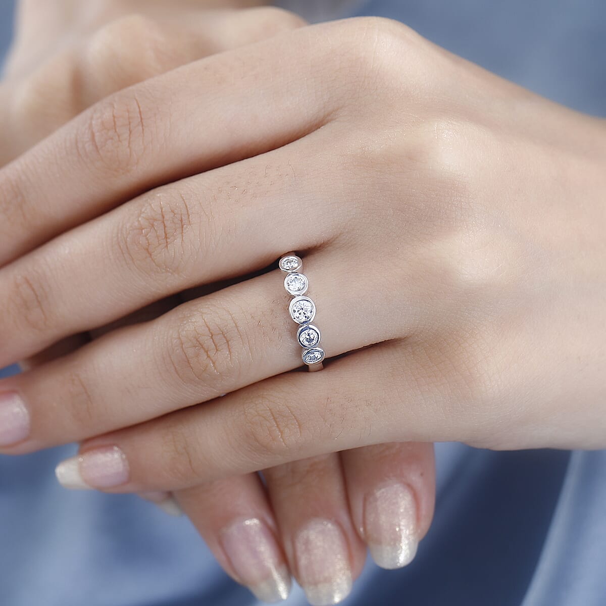 Moissanite 5 Stone Ring in Rhodium Over Sterling Silver (Size 6.0) 0.50 ctw image number 2