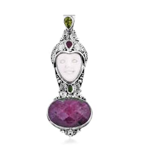 Sajen Silver Carved Bone and Multi Gemstone Pendant in Sterling Silver 27.50 ctw
