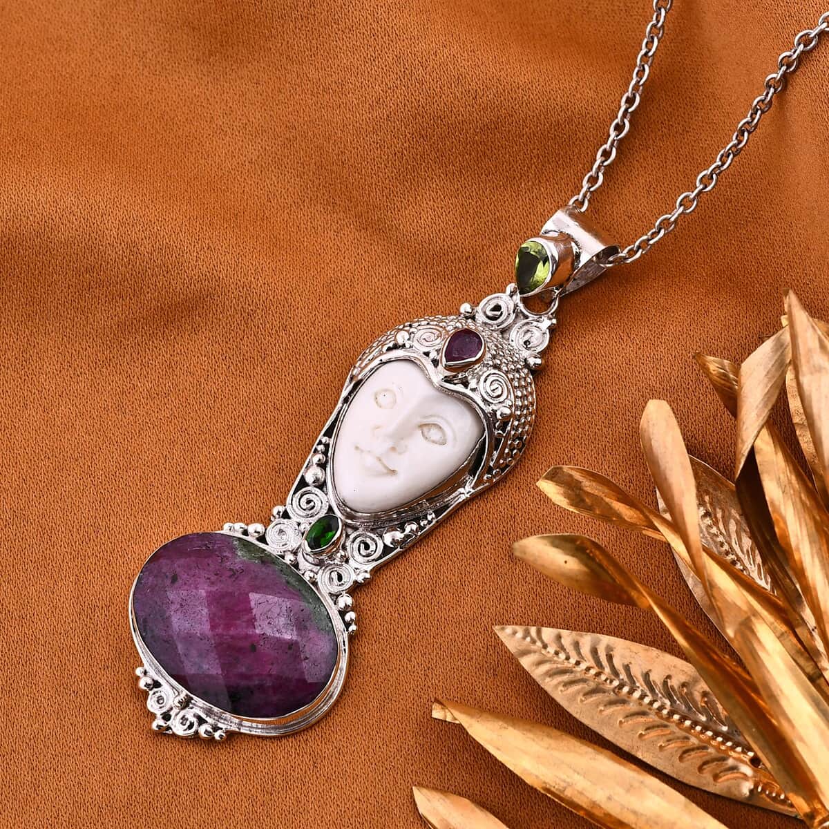 Sajen Silver Carved Bone and Multi Gemstone Pendant in Sterling Silver 27.50 ctw image number 1