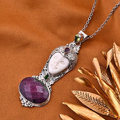 Sajen Silver Carved Bone and Multi Gemstone Pendant in Sterling Silver 27.50 ctw
