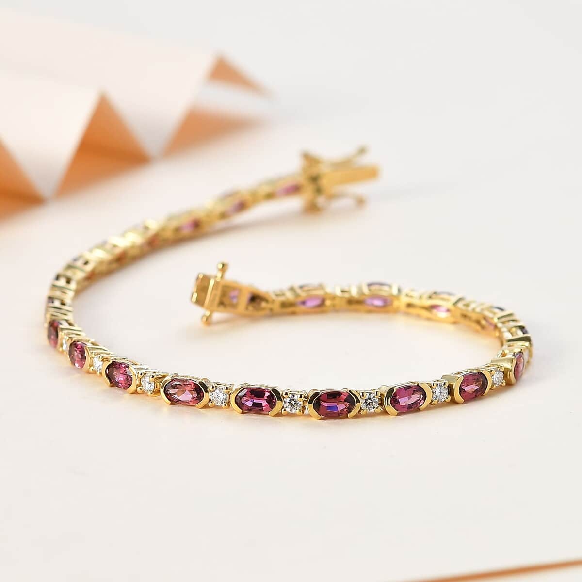 Ofiki Rubellite and Moissanite Bracelet in Vermeil Yellow Gold Over Sterling Silver (8.00 In) 7.20 ctw image number 1