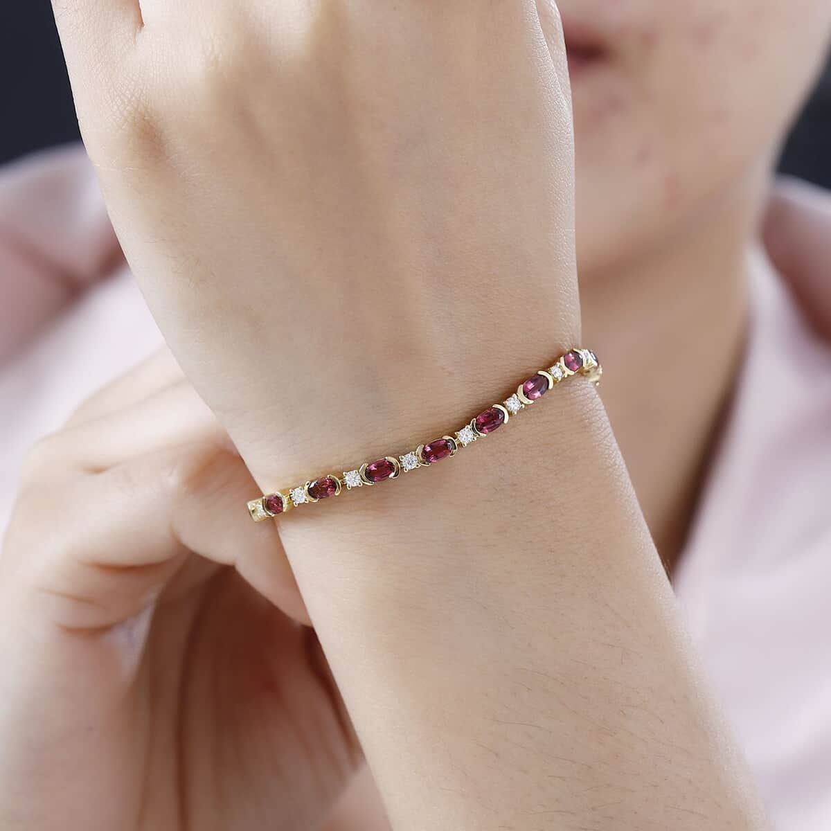 Ofiki Rubellite and Moissanite Bracelet in Vermeil Yellow Gold Over Sterling Silver (8.00 In) 7.20 ctw image number 2