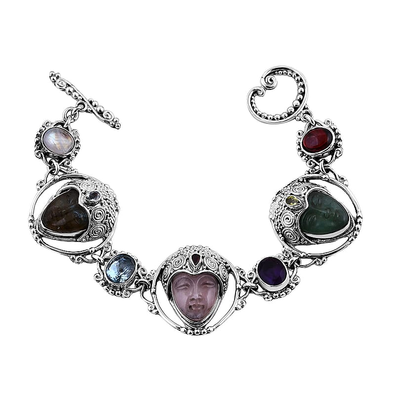 Sajen Silver Galilea Rose Quartz Carved and Multi Gemstone Bracelet in Sterling Silver (7.25 In) 39.10 ctw