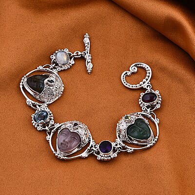 Sajen Silver Galilea Rose Quartz Carved and Multi Gemstone Bracelet in Sterling Silver (7.25 In) 39.10 ctw
