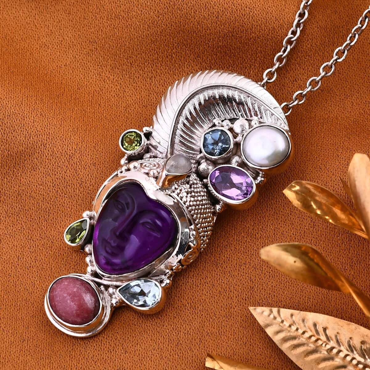 Sajen Silver African Amethyst Carved and Multi Gemstone Pendant in Sterling Silver 14.65 ctw image number 1