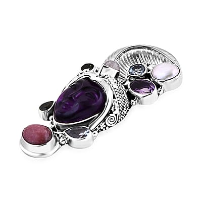 Sajen Silver African Amethyst Carved and Multi Gemstone Pendant in Sterling Silver 14.65 ctw
