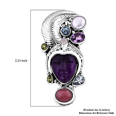 Sajen Silver African Amethyst Carved and Multi Gemstone Pendant in Sterling Silver 14.65 ctw