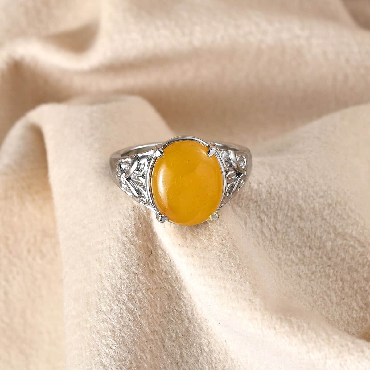 Yellow Jade (D) Solitaire Ring in Stainless Steel (Size 10.0) 6.20 ctw image number 1