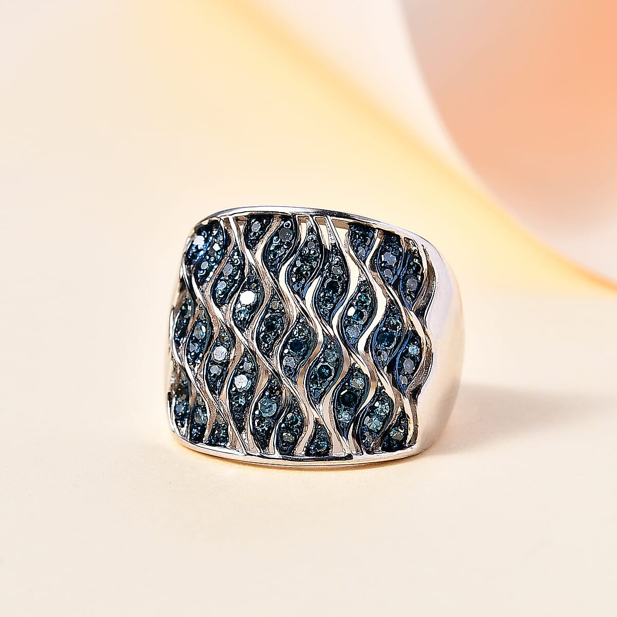 GP Royal Art Deco Collection Blue Diamond Ring in Platinum Over Sterling Silver (Size 8.0) 0.50 ctw image number 1