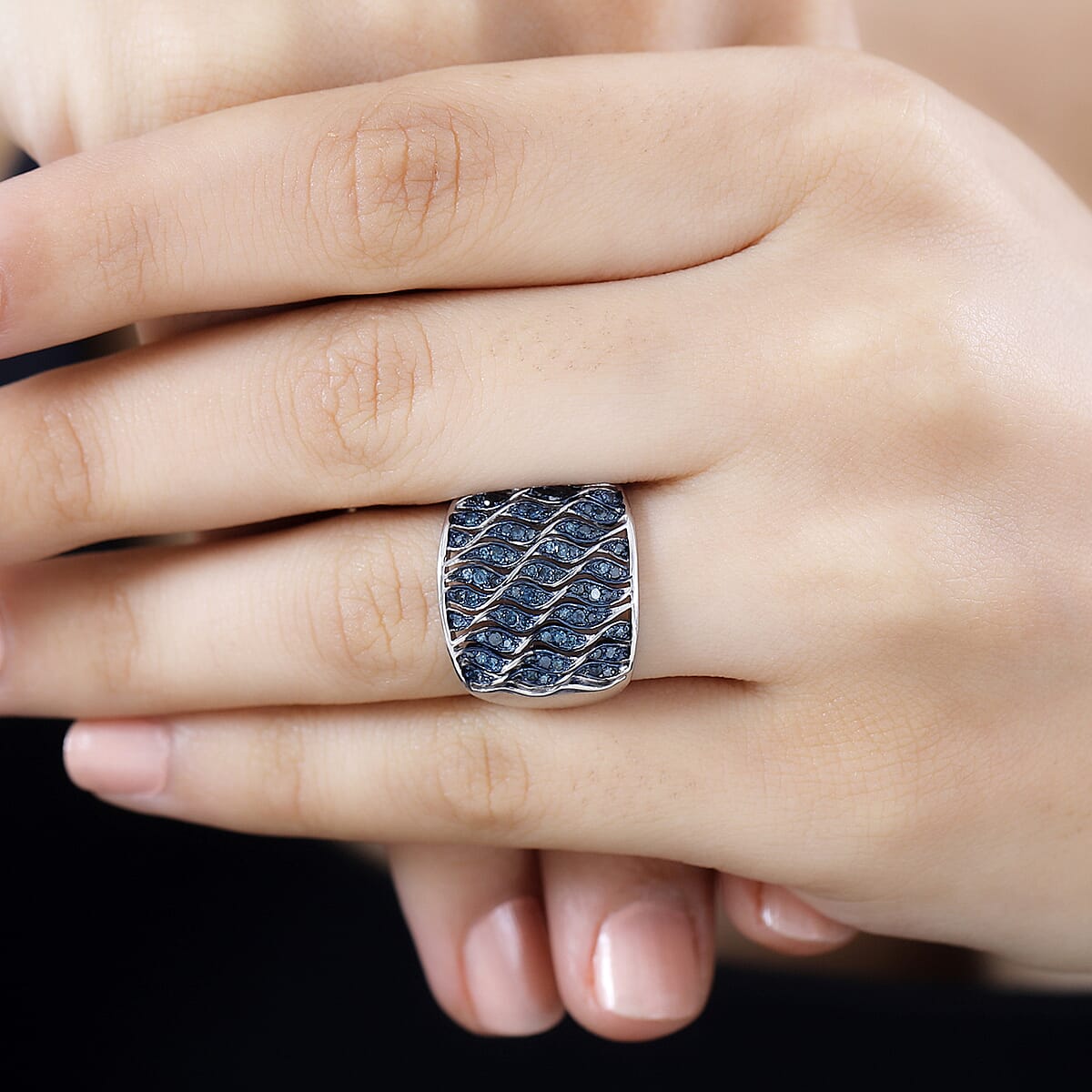 GP Royal Art Deco Collection Blue Diamond Ring in Platinum Over Sterling Silver (Size 8.0) 0.50 ctw image number 2