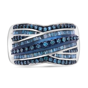 TLV Blue Diamond (IR) Criss Cross Ring in Platinum Over Sterling Silver (Size 10.0) 1.00 ctw