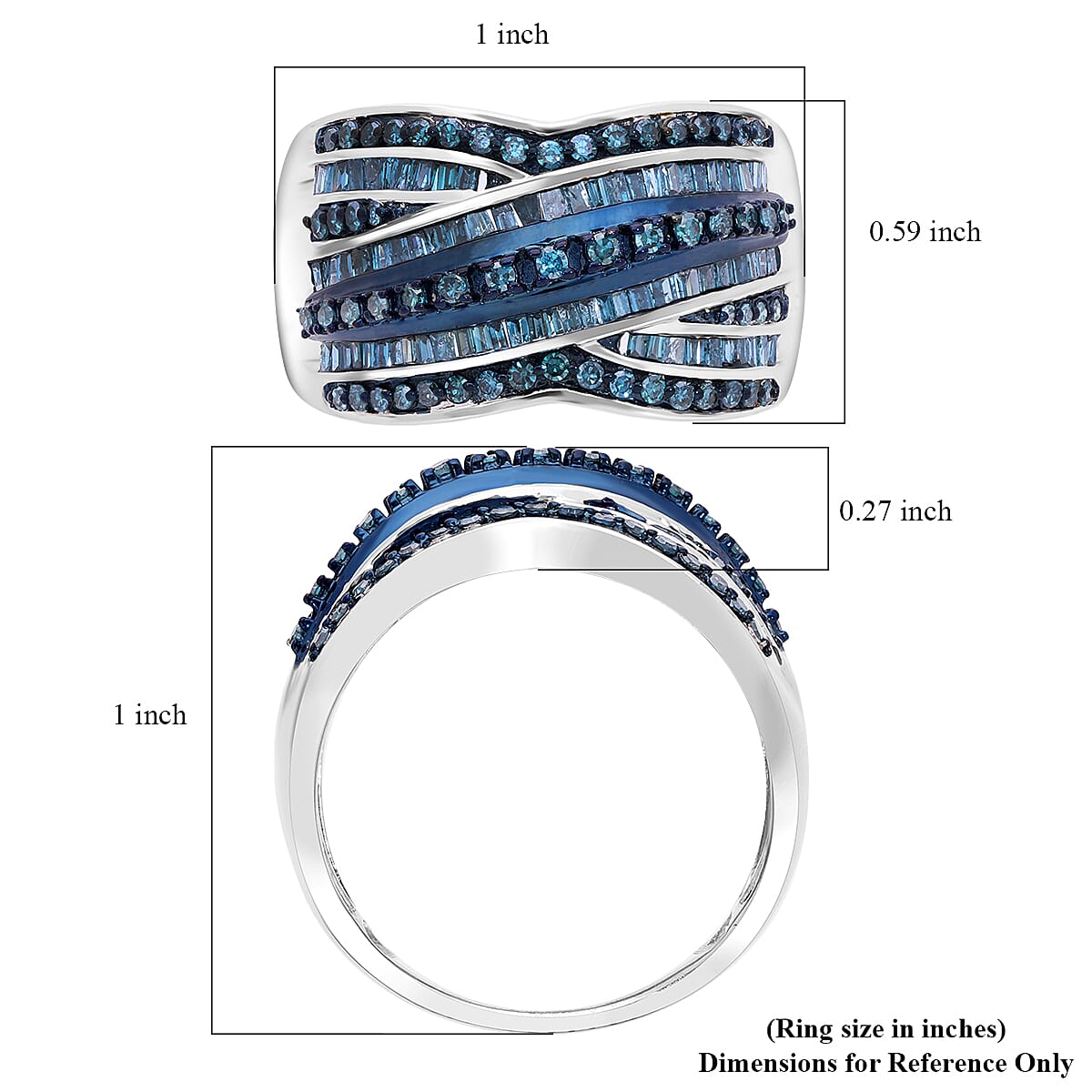Blue Diamond 1.00 ctw Ring in Platinum Over Sterling Silver (Size 10.0) 