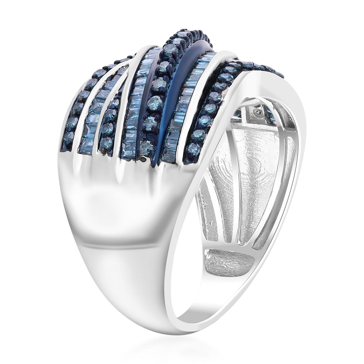 TLV Blue Diamond (IR) Criss Cross Ring in Platinum Over Sterling Silver (Size 10.0) 1.00 ctw image number 3