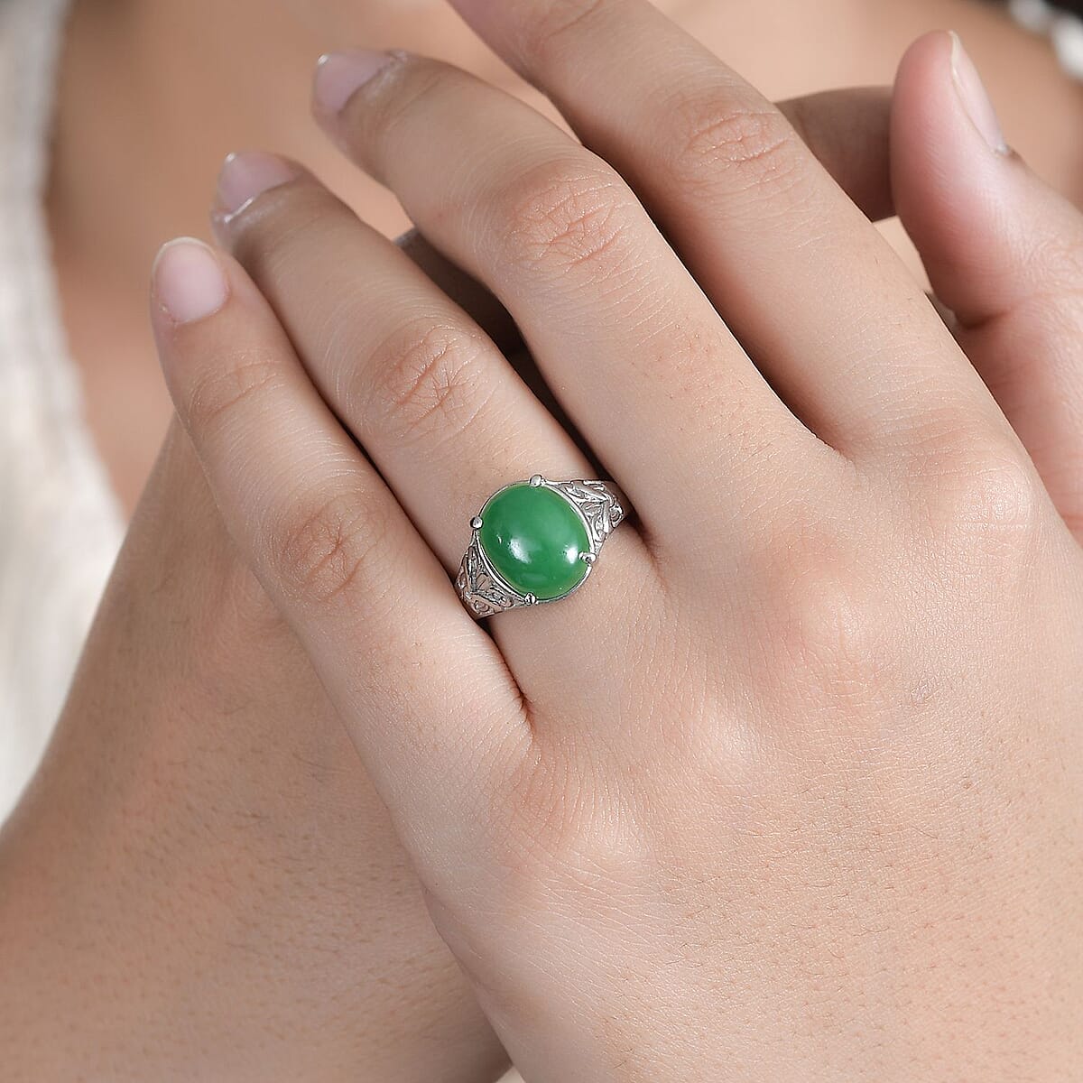 Green Jade (D) Solitaire Ring in Stainless Steel (Size 11.0) 6.15 ctw image number 2