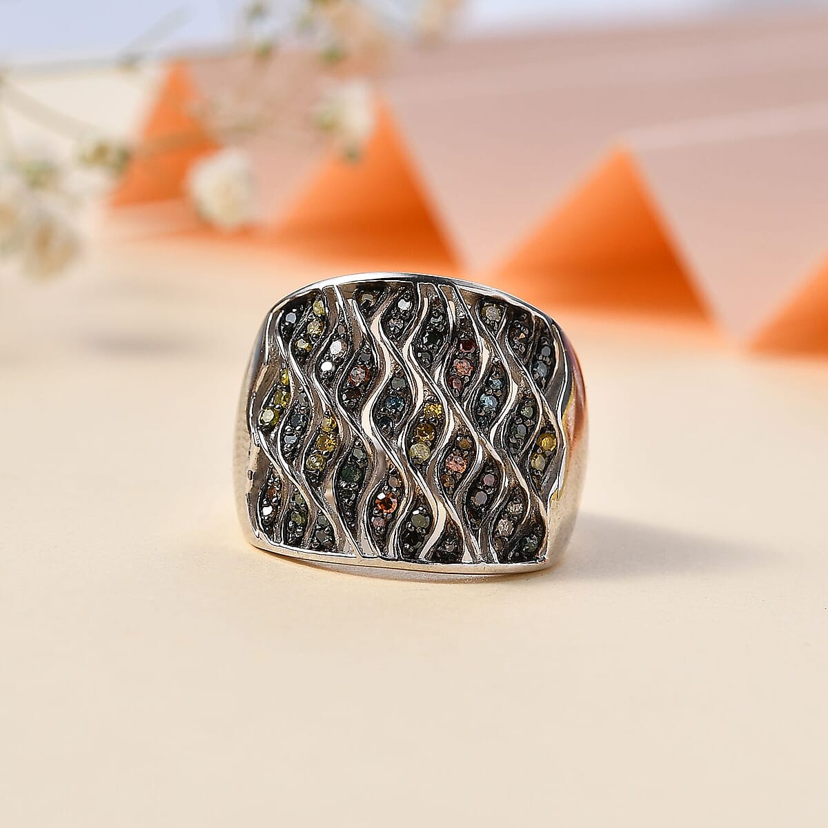 GP Royal Art Deco Collection Multi Color Diamond Ring in Platinum Over Sterling Silver (Size 10.0) 0.50 ctw image number 1