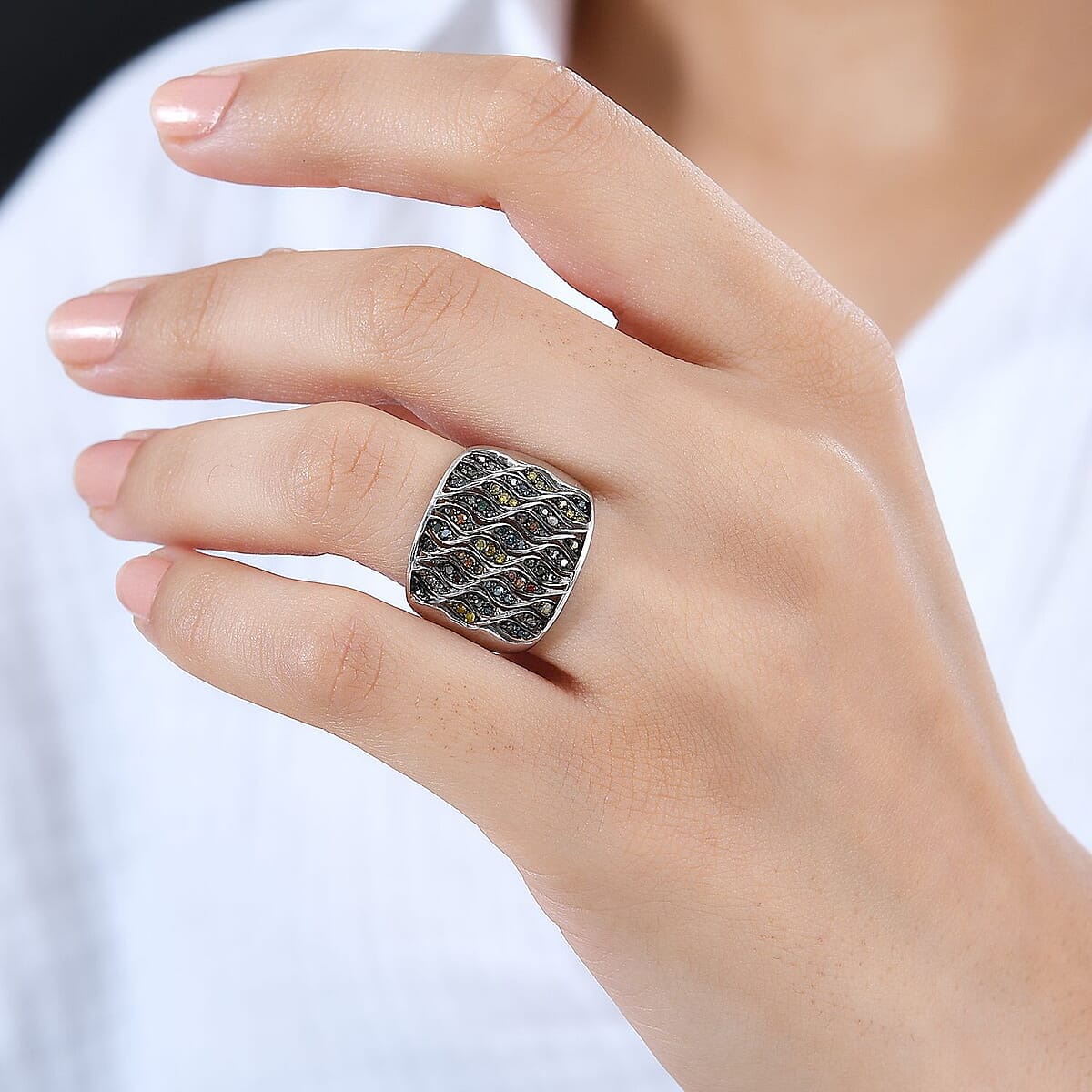 GP Royal Art Deco Collection Multi Color Diamond Ring in Platinum Over Sterling Silver (Size 10.0) 0.50 ctw image number 2