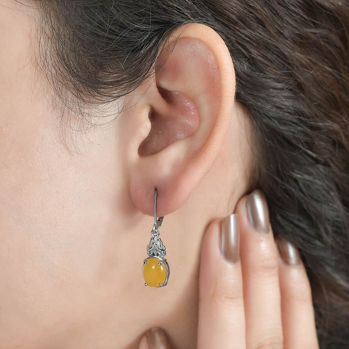 Yellow Jade (D) Lever Back Earrings in Stainless Steel 6.10 ctw image number 2