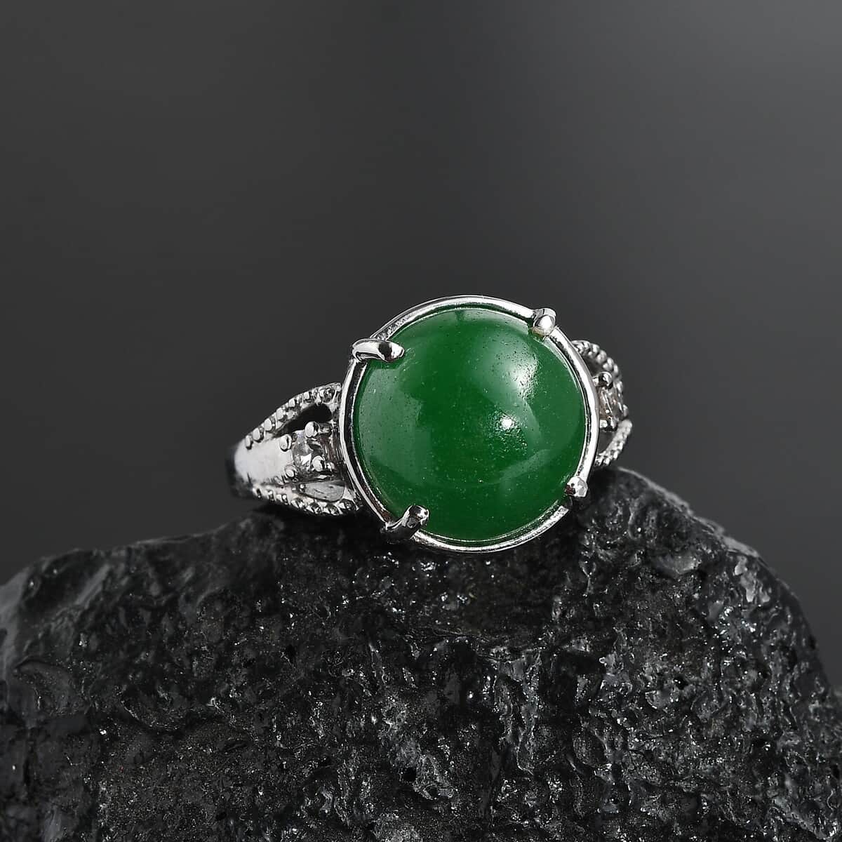 Green Jade (D) and White Zircon Ring in Stainless Steel (Size 10.0) 8.10 ctw image number 1