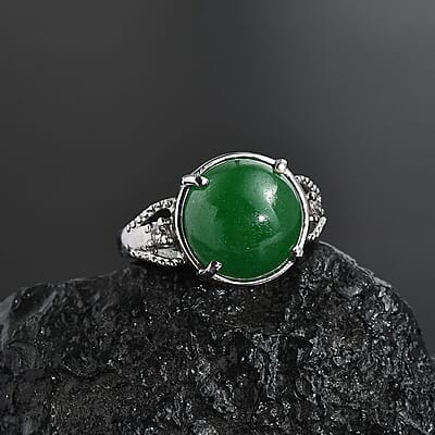 Green Jade (D) and White Zircon Ring in Stainless Steel (Size 10.0) 8.10 ctw