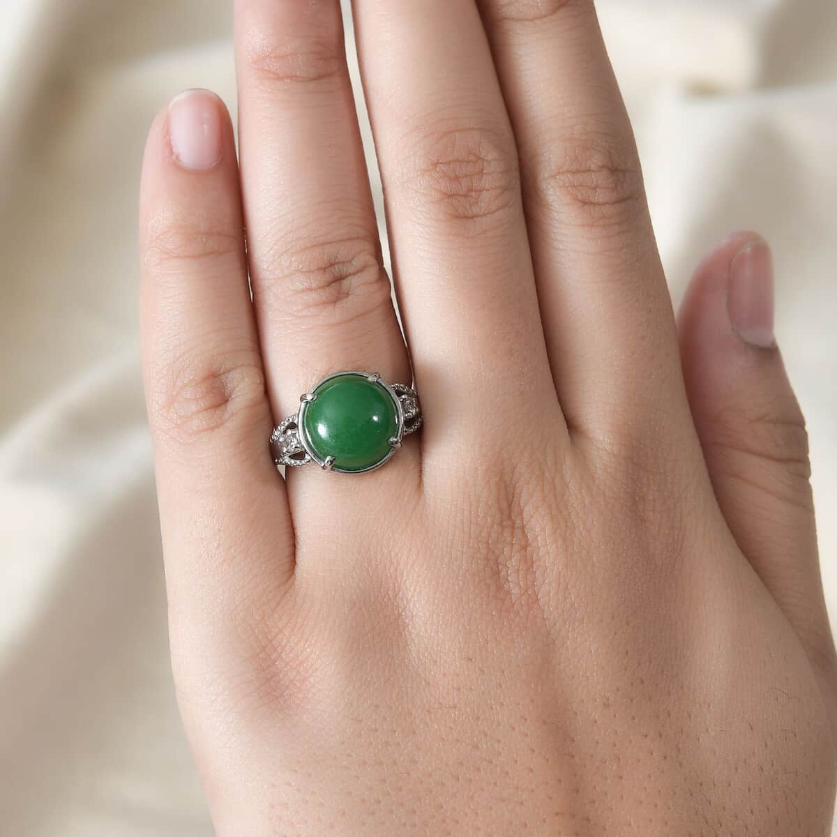 Green Jade (D) and White Zircon Ring in Stainless Steel (Size 10.0) 8.10 ctw image number 2