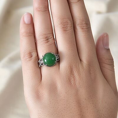 Green Jade (D) and White Zircon Ring in Stainless Steel (Size 10.0) 8.10 ctw