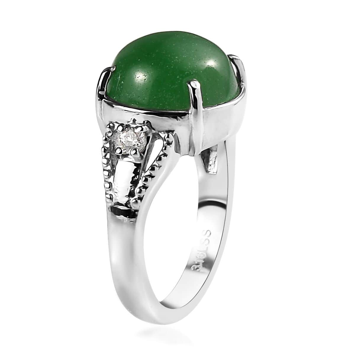 Green Jade (D) and White Zircon Ring in Stainless Steel (Size 10.0) 8.10 ctw image number 3