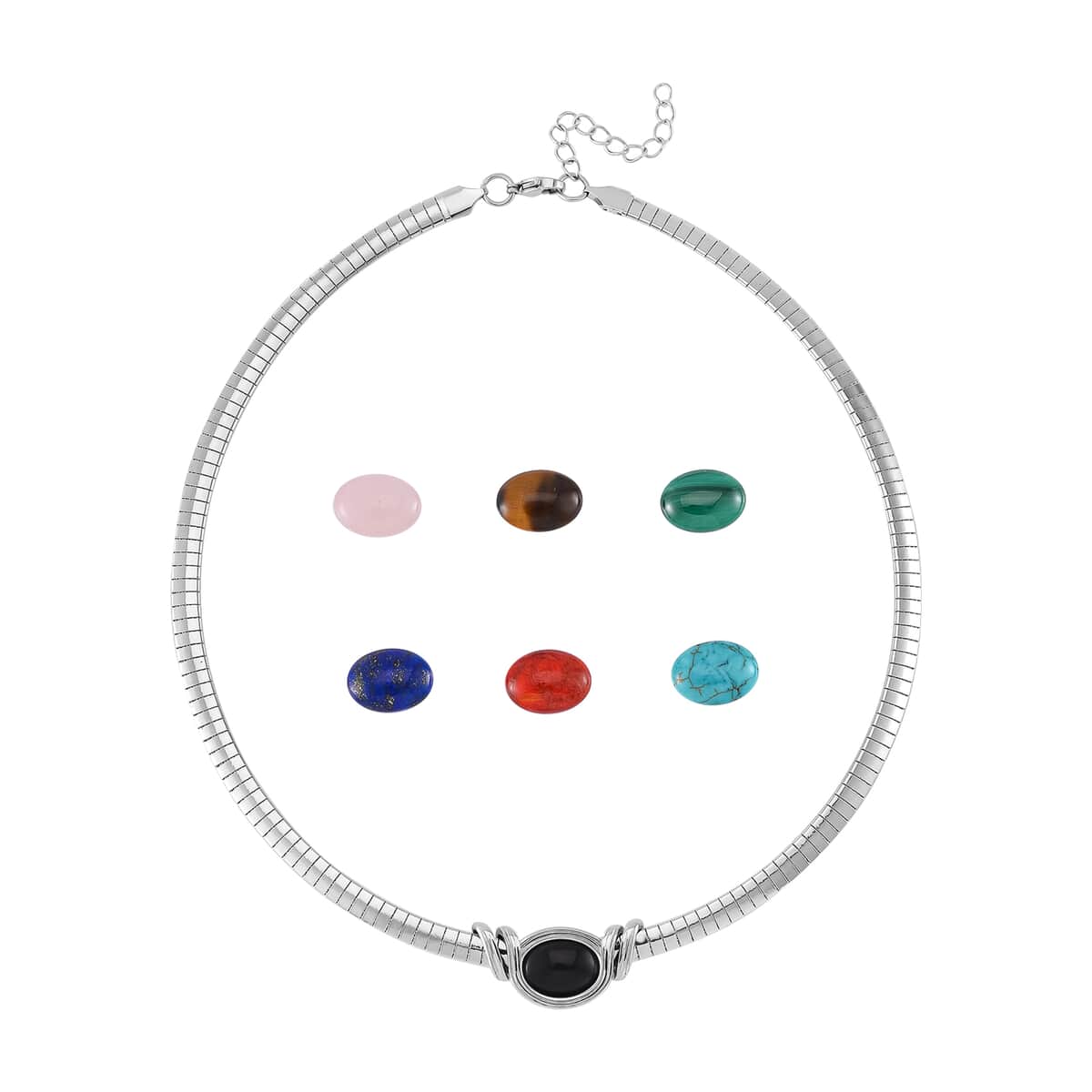 7pcs Interchangeable Multi Gemstone Omega Chain Necklace 18-20 Inches in Stainless Steel 51.00 ctw image number 0