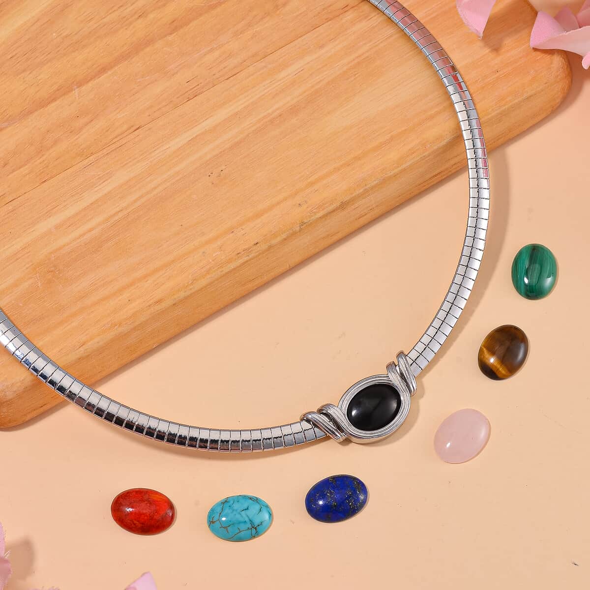 7pcs Interchangeable Multi Gemstone Omega Chain Necklace 18-20 Inches in Stainless Steel 51.00 ctw image number 1