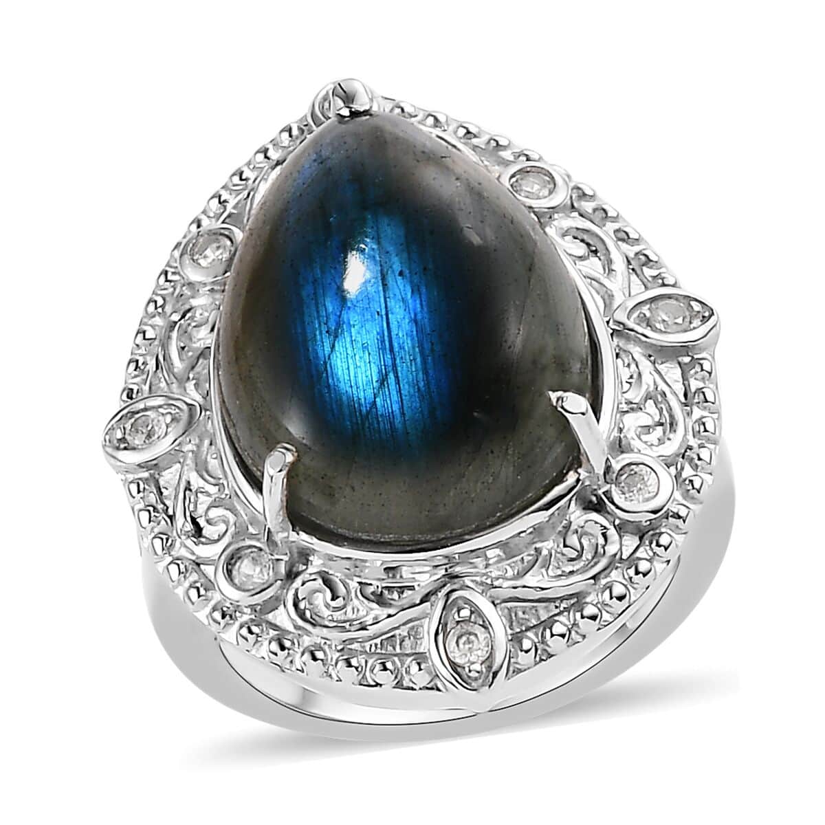 Malagasy Labradorite and White Zircon 11.80 ctw Ring in Stainless Steel (Size 10.0) image number 0