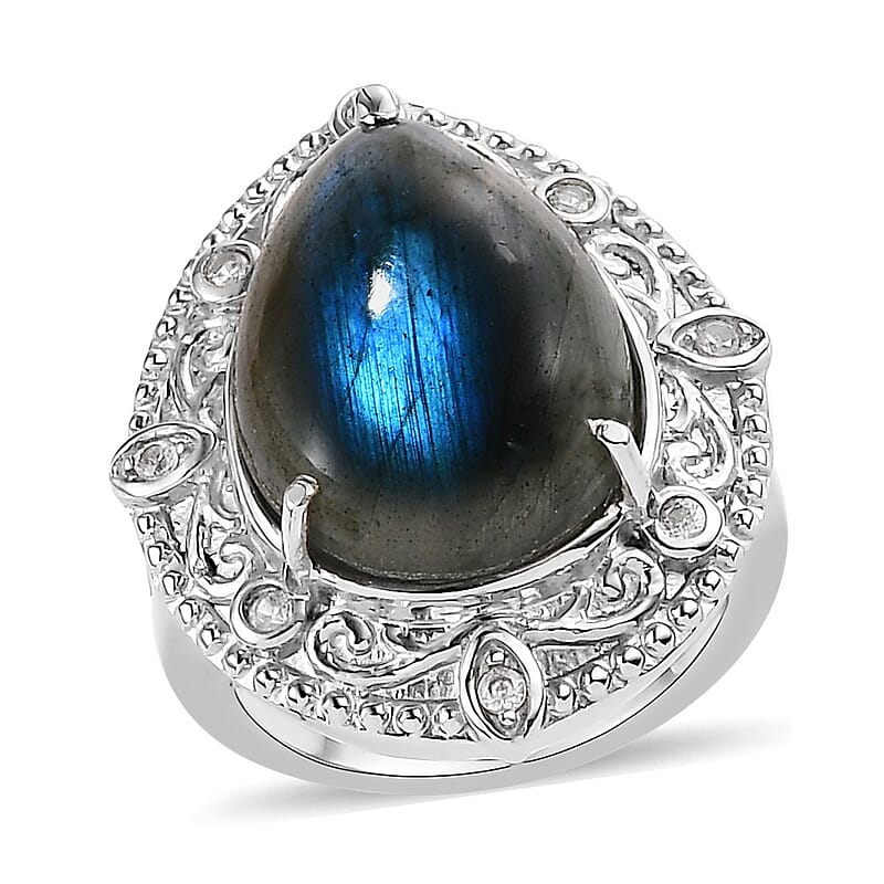 Malagasy Labradorite and White Zircon 11.80 ctw Ring in Stainless Steel (Size 10.0)
