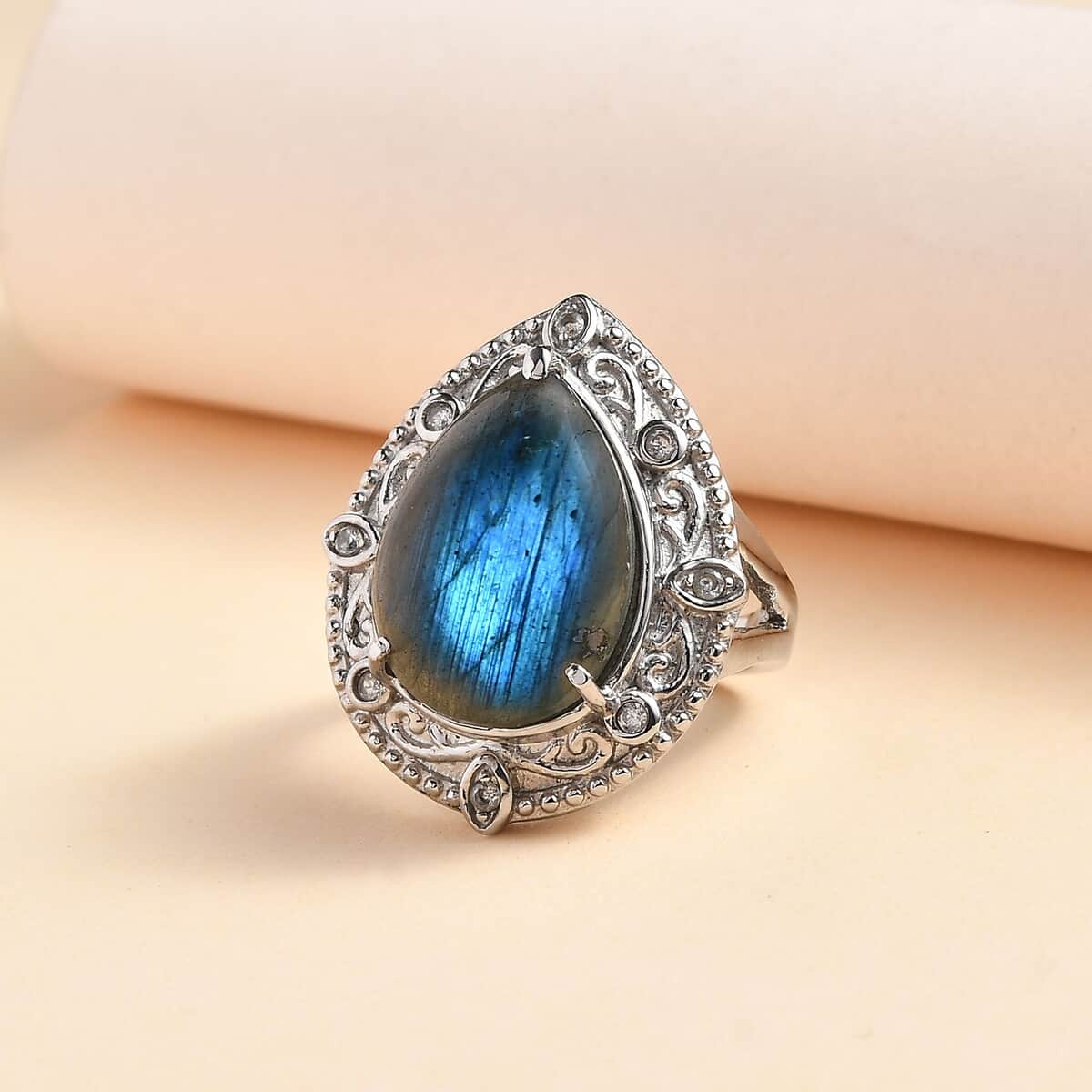 Malagasy Labradorite and White Zircon 11.80 ctw Ring in Stainless Steel (Size 10.0) image number 1