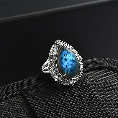 Malagasy Labradorite and White Zircon 11.80 ctw Ring in Stainless Steel (Size 10.0)