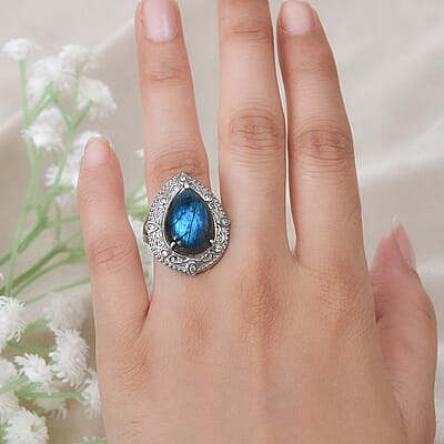 Malagasy Labradorite and White Zircon 11.80 ctw Ring in Stainless Steel (Size 10.0)