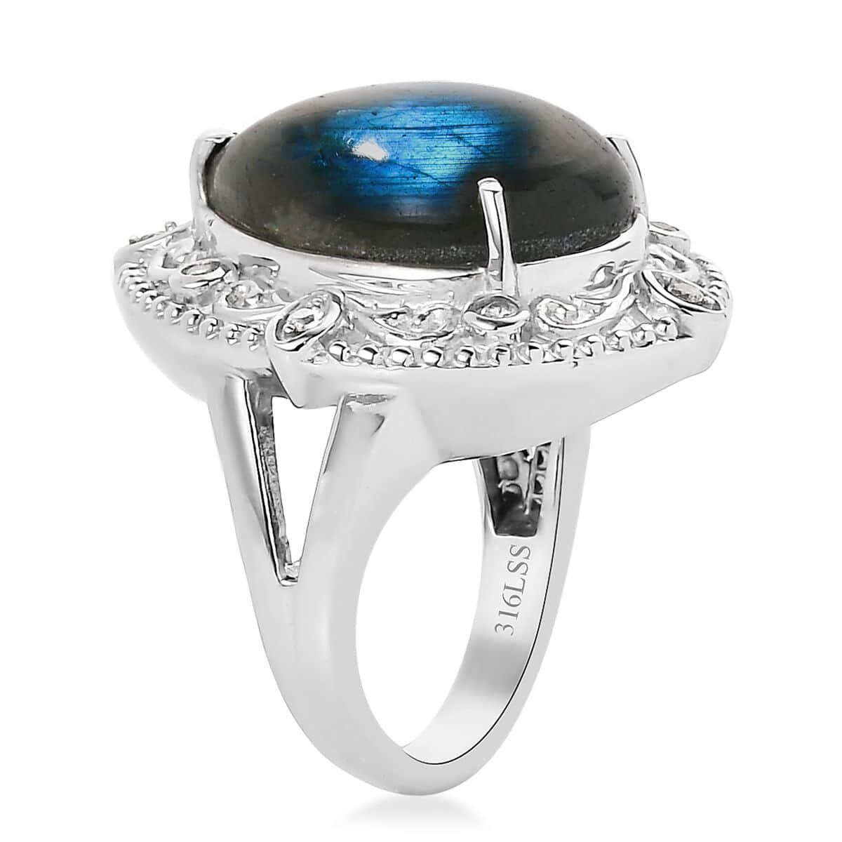 Malagasy Labradorite and White Zircon 11.80 ctw Ring in Stainless Steel (Size 10.0) image number 4