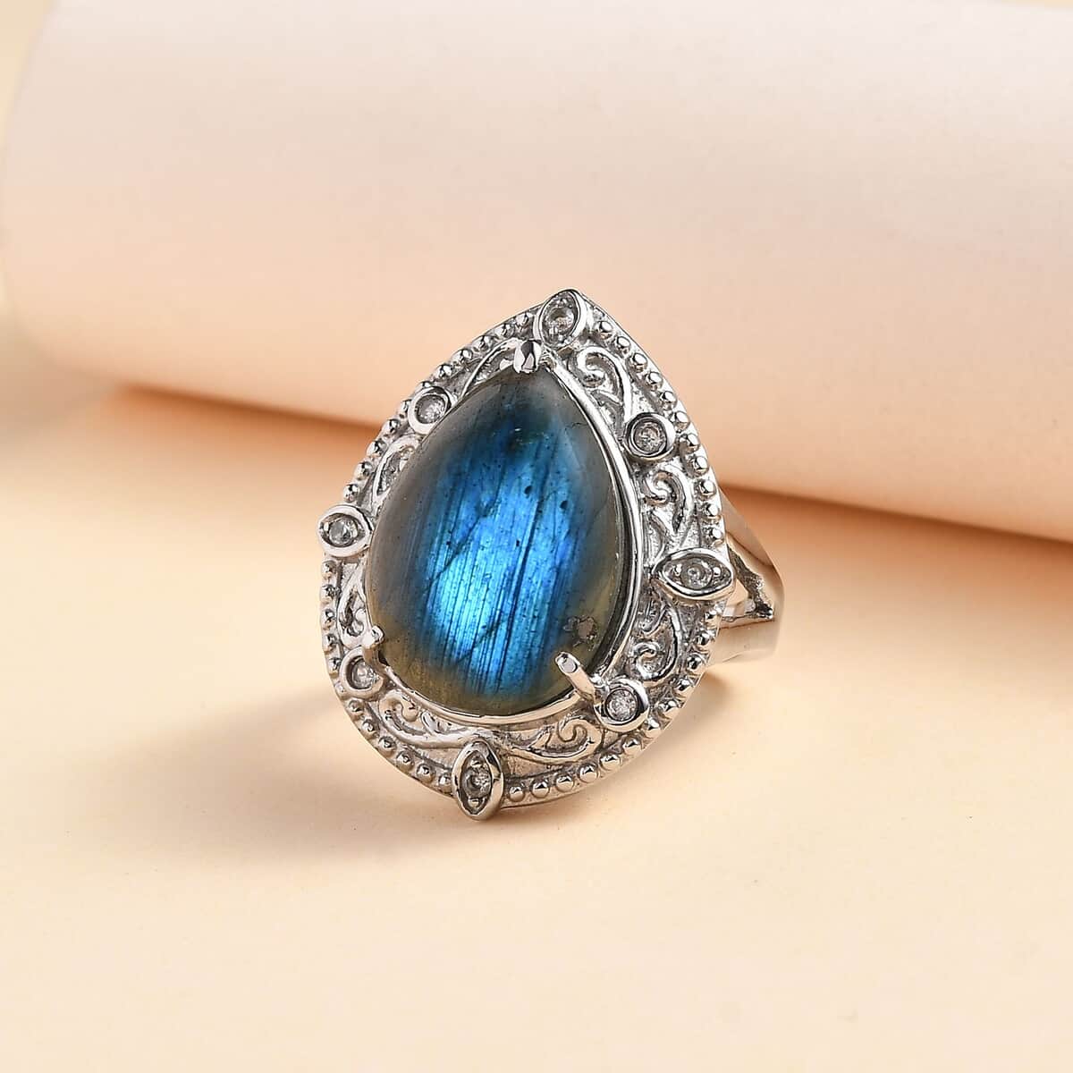 Malagasy Labradorite and White Zircon 11.80 ctw Ring in Stainless Steel (Size 11.0) image number 1