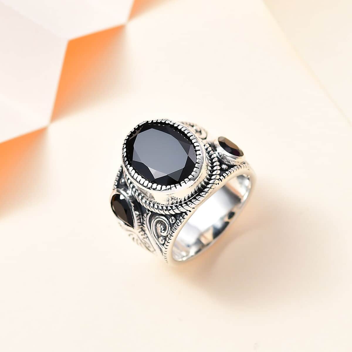 Bargain Deal Artisan Crafted Thai Black Spinel Elephant Ring in Sterling Silver (Size 10.0) 12.10 ctw image number 1