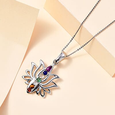 Premium African Amethyst and Multi Gemstone 1.20 ctw Pendant without Chain in Rhodium Over Sterling Silver